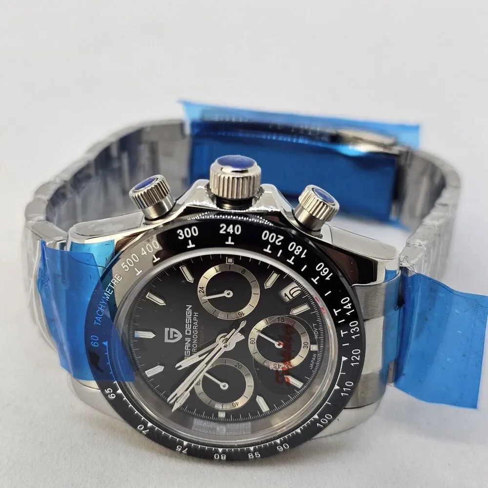 Pagani Design Men's Watch 40MM Black Dial‎ Black Bezel Gray Bracelet Band Date